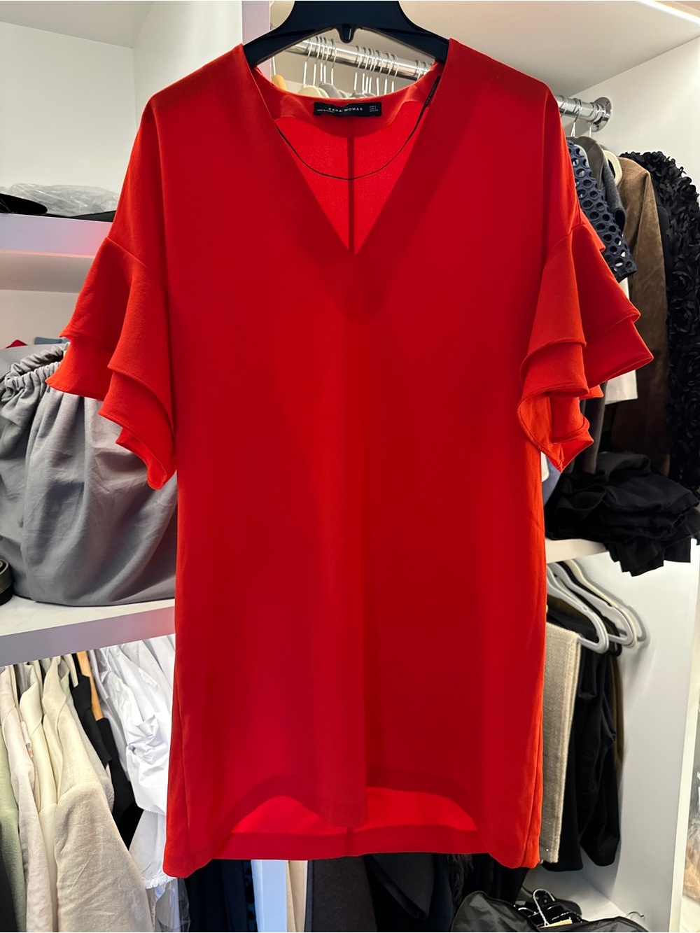 Zara Red V‑Neck Mini Dress with Ruffle Sleeves